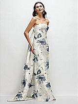 Side View Thumbnail - Inkwash Blue Floral Strapless Floral Satin Column Dress with Removeable Watteau Train
