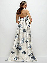 Rear View Thumbnail - Inkwash Blue Floral Strapless Floral Satin Column Dress with Removeable Watteau Train