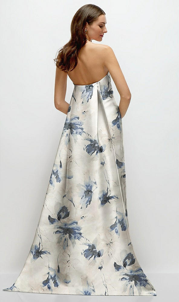 Back View - Inkwash Blue Floral Strapless Floral Satin Column Dress with Removeable Watteau Train