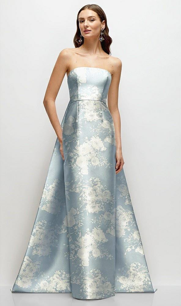 Front View - Porcelain Blue Seraphina Floral Strapless Floral Satin Column Dress with Removeable Watteau Train