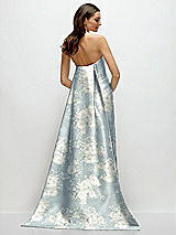 Rear View Thumbnail - Porcelain Blue Seraphina Floral Strapless Floral Satin Column Dress with Removeable Watteau Train