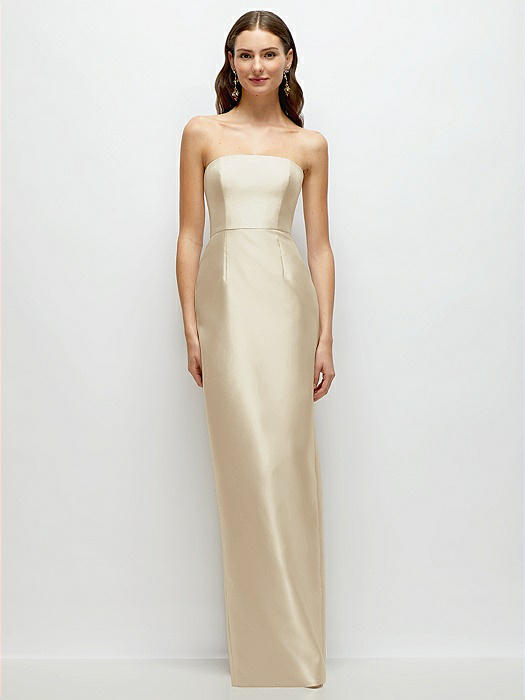 Strapless Satin Column Dress with Back Slit