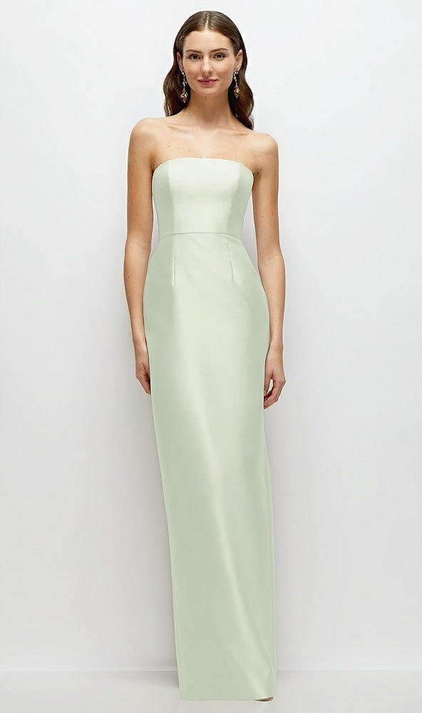 Front View - Mint Green Strapless Satin Column Dress with Back Slit