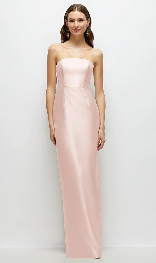 Front View - Blush Strapless Satin Column Dress with Back Slit