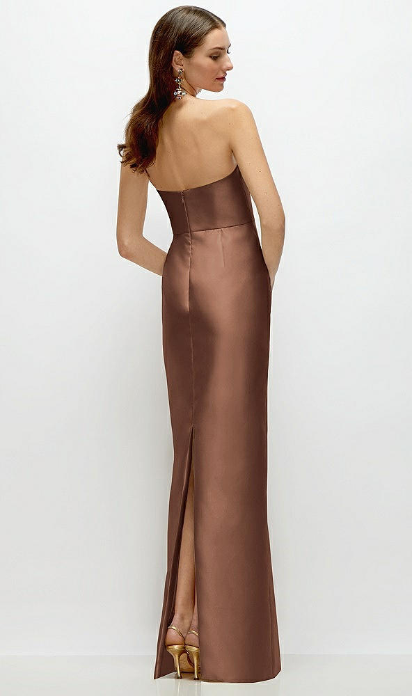 Back View - Cognac Strapless Satin Column Dress with Back Slit