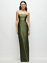 Front View Thumbnail - Olive Green Strapless Satin Column Dress with Back Slit
