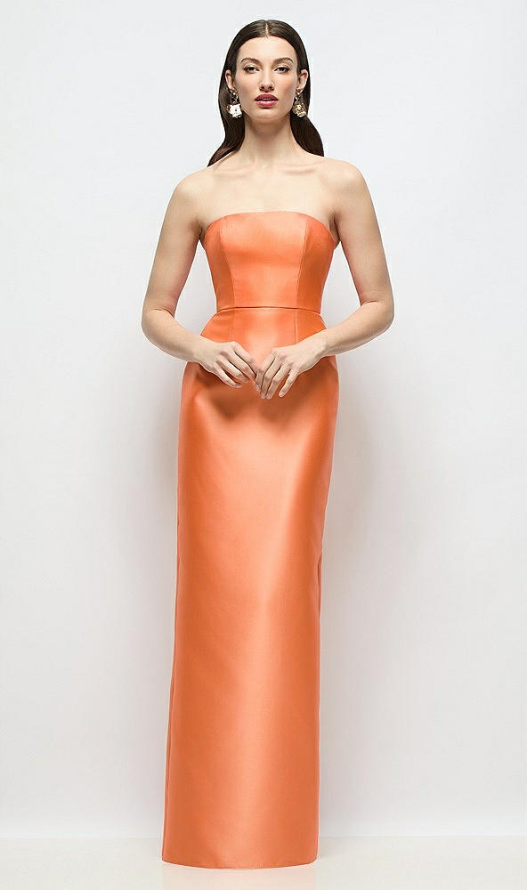 Front View - Portofino Orange Strapless Satin Column Dress with Back Slit