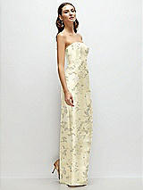 Side View Thumbnail - Butter Yellow Floral Strapless Floral Satin Column Dress with Back Slit