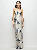 Front View Thumbnail - Inkwash Blue Floral Strapless Floral Satin Column Dress with Back Slit