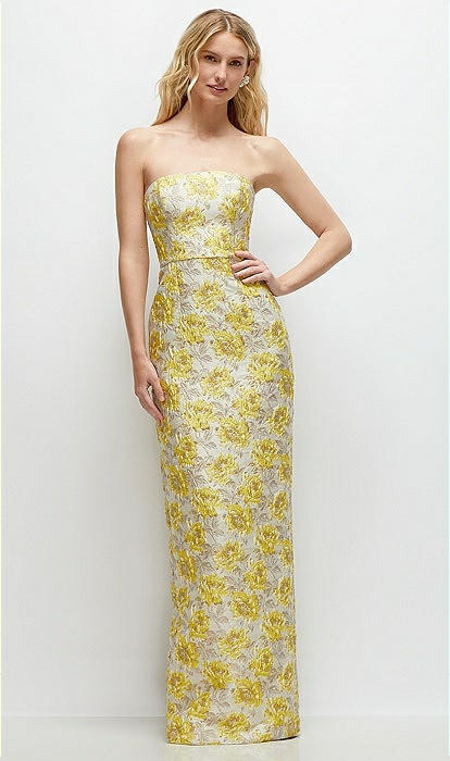 定価64900円 GOLDEN  SWEATSHIRT DRESS Golden Yellow Strapless Floral Jacquard Column Bridesmaid Dress