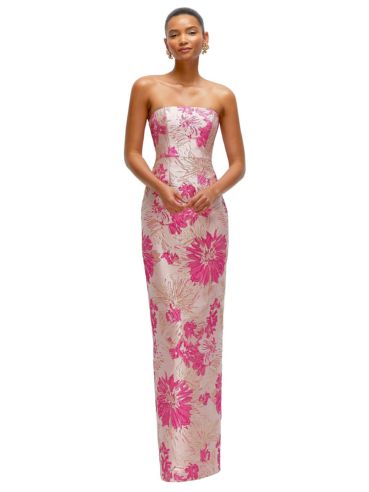 Hibiscus Pink Strapless Floral Jacquard Column Bridesmaid Dress