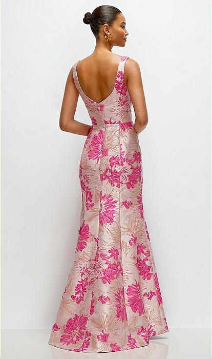Hibiscus Pink Floral Jacquard Square Neck Maxi Bridesmaid Dress
