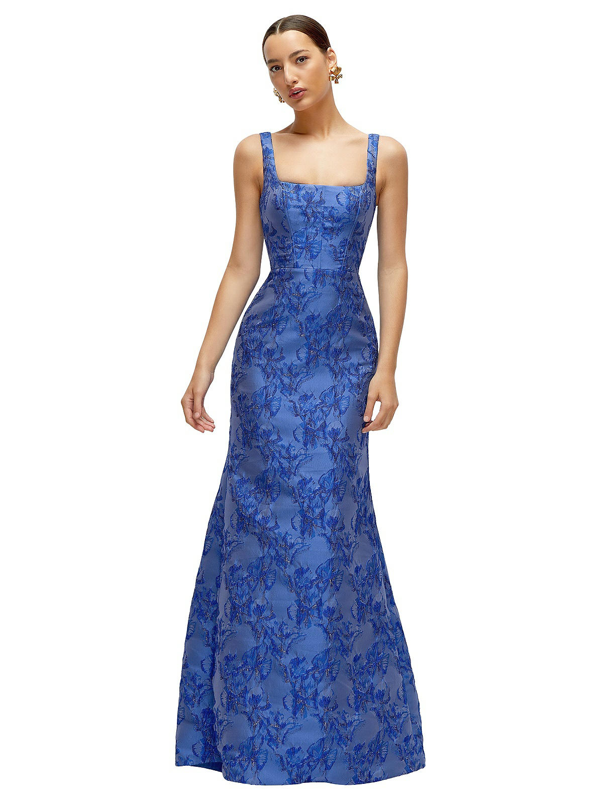 Cobalt Blue Floral Metallic Jacquard Square Neck Maxi Bridesmaid