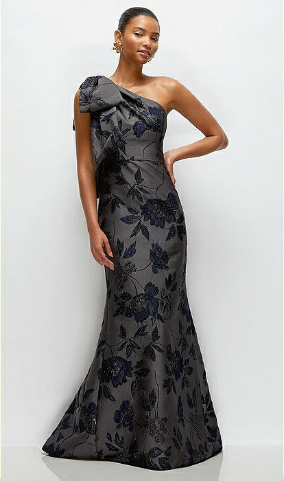 Noir Midnight Navy Bow One-shoulder Floral Metallic Jacquard Maxi
