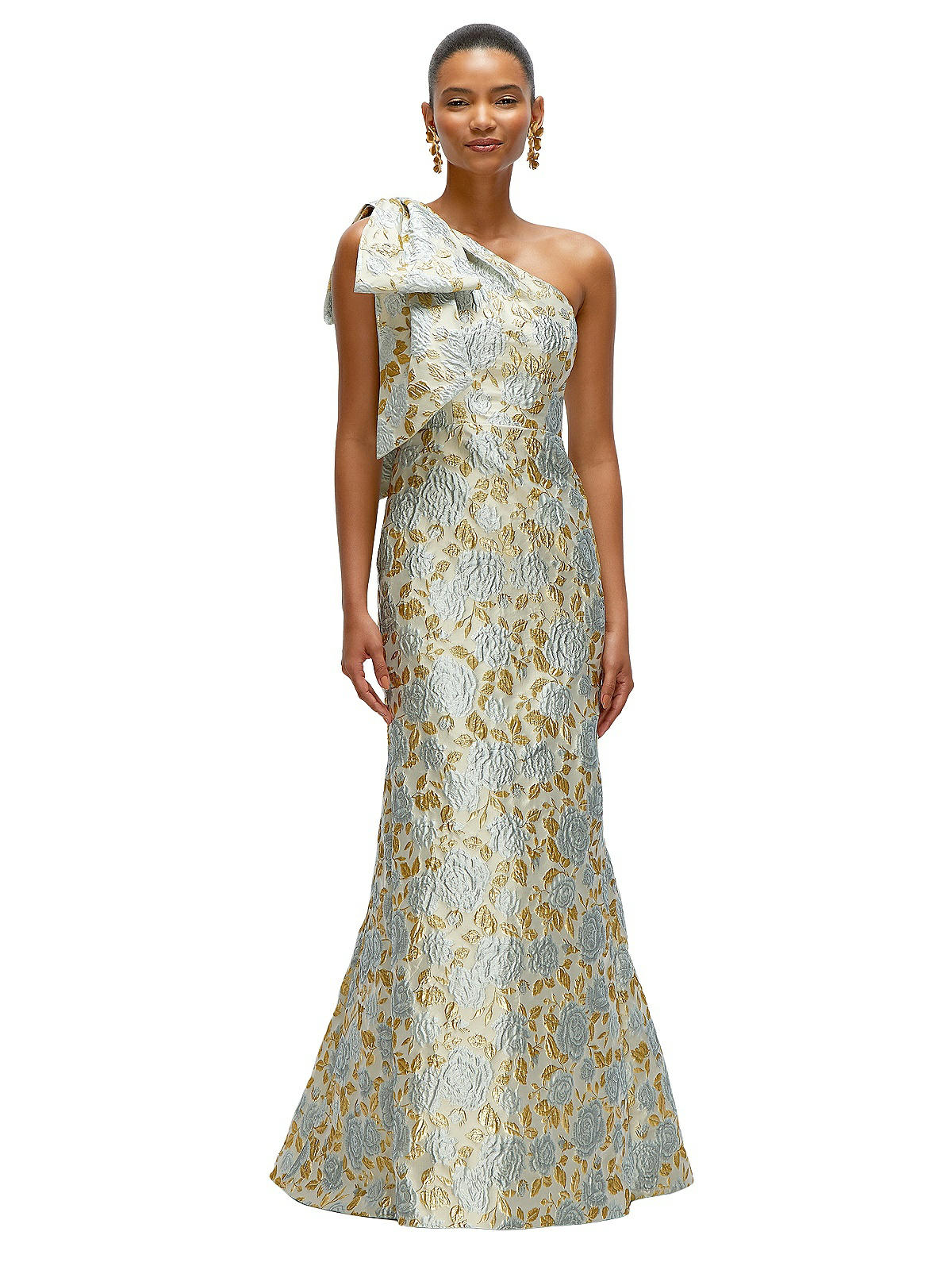 Bow One-shoulder Gold Leaf Brocade Maxi Bridesmaid Dress With