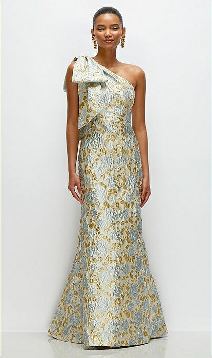 Bow One-shoulder Gold Leaf Brocade Maxi Bridesmaid Dress With
