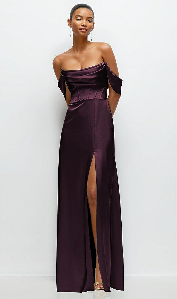Front View - Deep Plum A-Line Satin Maxi Dress with Convertible Off-the-Shoulder or Strapless Looks