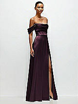 Side View Thumbnail - Deep Plum A-Line Satin Maxi Dress with Convertible Off-the-Shoulder or Strapless Looks