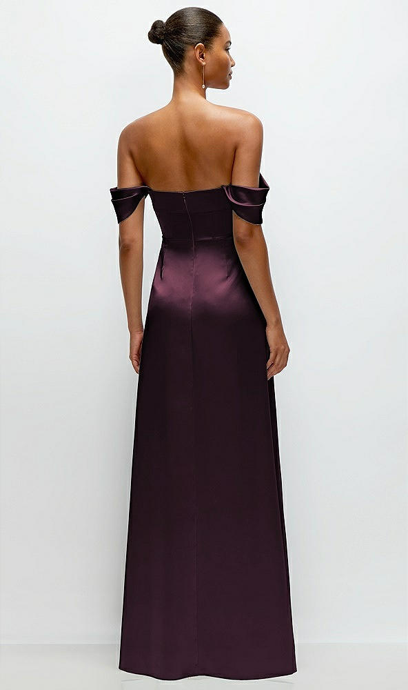 Back View - Deep Plum A-Line Satin Maxi Dress with Convertible Off-the-Shoulder or Strapless Looks