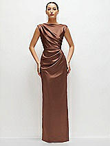 Front View Thumbnail - Cognac High Neck Sleeveless Cap Shoulder Satin Maxi Dress