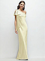 Front View Thumbnail - Butter Yellow One-Shoulder Bias-Cut Satin Maxi Dress with Cascading Shoulder Bow