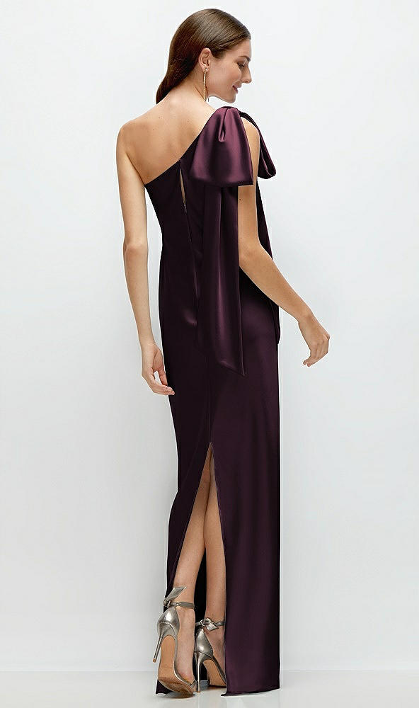 Back View - Deep Plum One-Shoulder Bias-Cut Satin Maxi Dress with Cascading Shoulder Bow