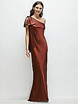 Front View Thumbnail - Auburn Moon One-Shoulder Bias-Cut Satin Maxi Dress with Cascading Shoulder Bow