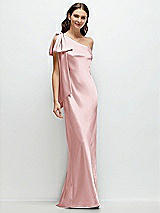 Front View Thumbnail - Ballet Pink One-Shoulder Bias-Cut Satin Maxi Dress with Cascading Shoulder Bow