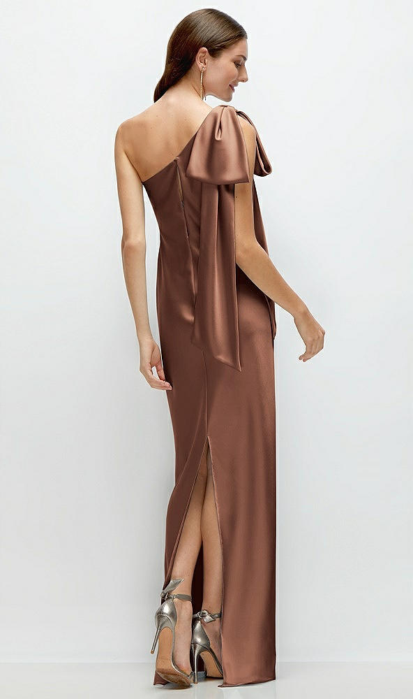 Back View - Cognac One-Shoulder Bias-Cut Satin Maxi Dress with Cascading Shoulder Bow