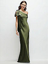 Front View Thumbnail - Olive Green One-Shoulder Bias-Cut Satin Maxi Dress with Cascading Shoulder Bow