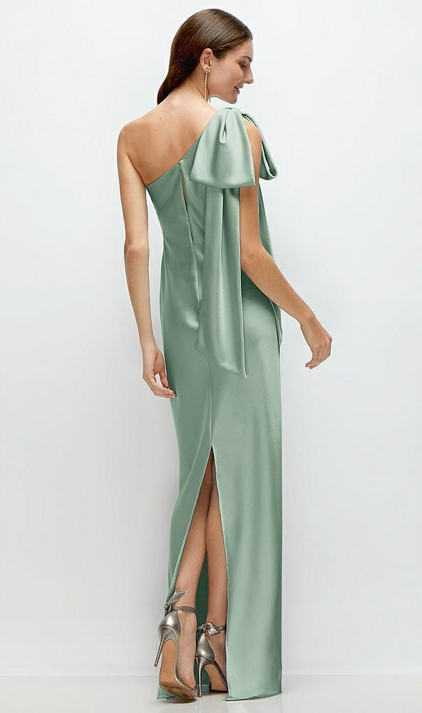 Back View - Seagrass One-Shoulder Bias-Cut Satin Maxi Dress with Cascading Shoulder Bow