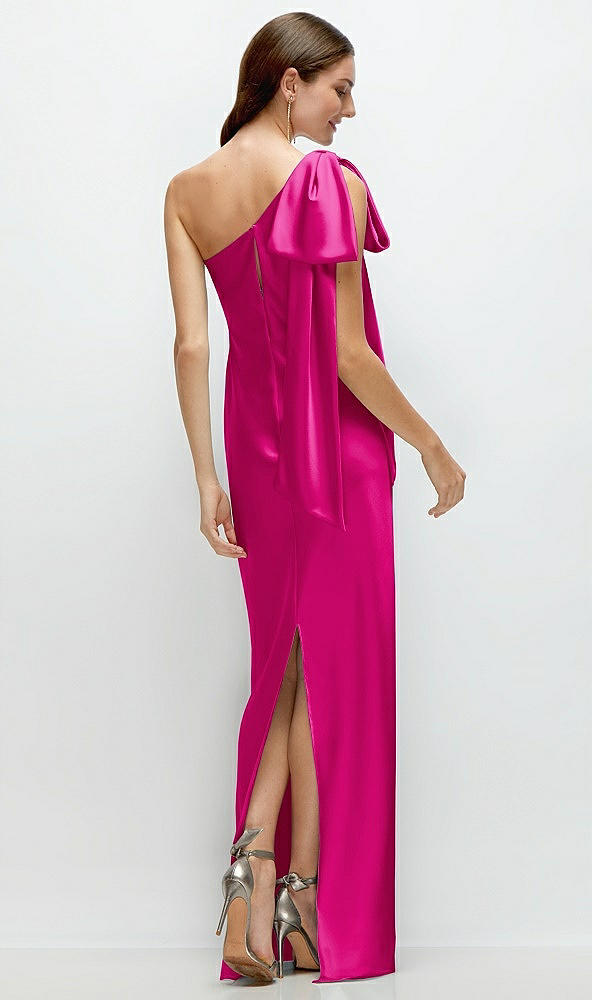 Back View - Think Pink One-Shoulder Bias-Cut Satin Maxi Dress with Cascading Shoulder Bow