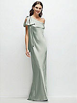 Front View Thumbnail - Willow Green One-Shoulder Bias-Cut Satin Maxi Dress with Cascading Shoulder Bow