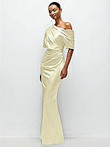 Side View Thumbnail - Butter Yellow Asymmetrical Off-the-Shoulder Pleated Satin Maxi Dress