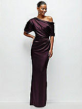 Front View Thumbnail - Deep Plum Asymmetrical Off-the-Shoulder Pleated Satin Maxi Dress
