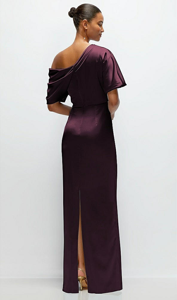 Back View - Deep Plum Asymmetrical Off-the-Shoulder Pleated Satin Maxi Dress
