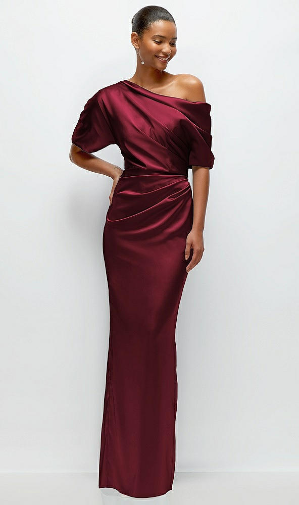 Front View - Cabernet Asymmetrical Off-the-Shoulder Pleated Satin Maxi Dress