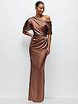 Front View Thumbnail - Cognac Asymmetrical Off-the-Shoulder Pleated Satin Maxi Dress