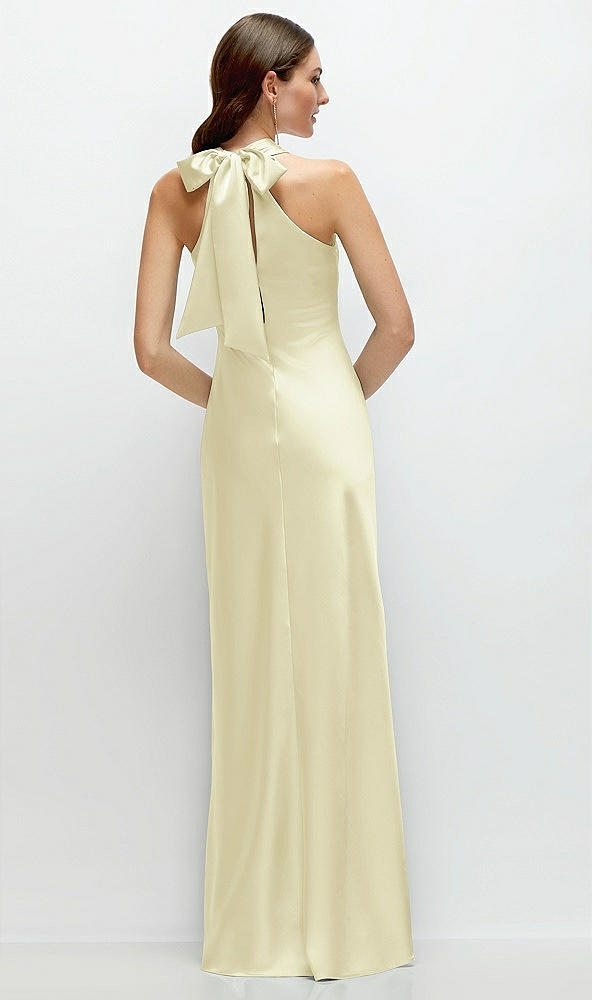 Back View - Butter Yellow Pleated Halter Bias Satin Maxi Dress with Self-Tie Bow Back