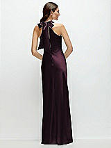 Rear View Thumbnail - Deep Plum Pleated Halter Bias Satin Maxi Dress with Self-Tie Bow Back