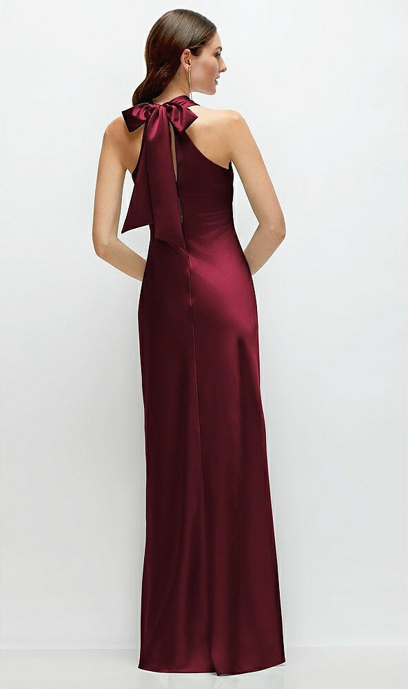 Back View - Cabernet Pleated Halter Bias Satin Maxi Dress with Self-Tie Bow Back