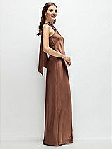 Side View Thumbnail - Cognac Pleated Halter Bias Satin Maxi Dress with Self-Tie Bow Back
