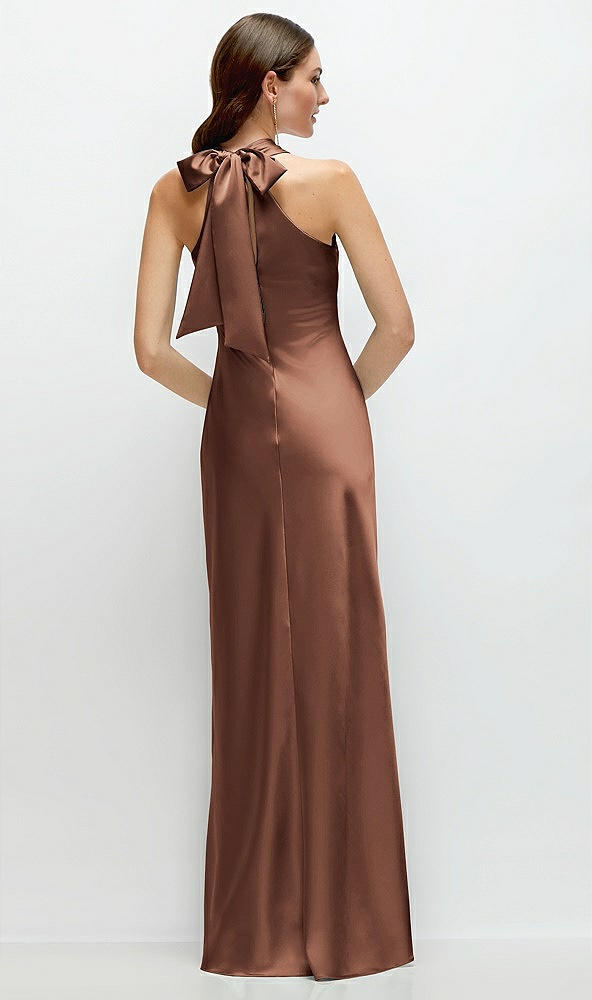 Back View - Cognac Pleated Halter Bias Satin Maxi Dress with Self-Tie Bow Back