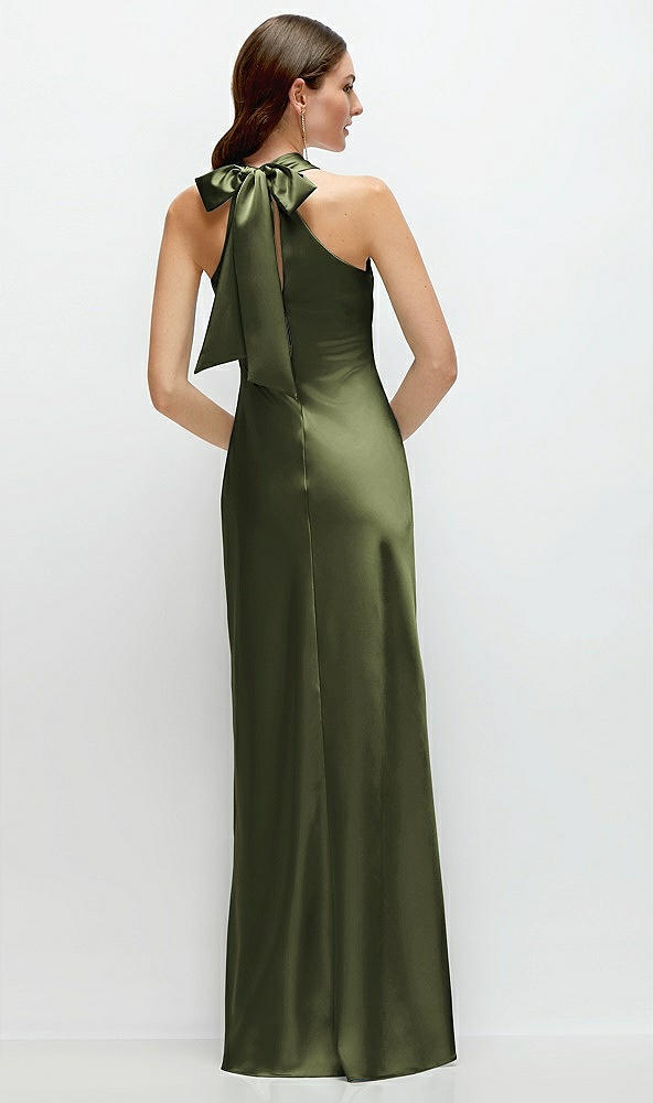 Back View - Olive Green Pleated Halter Bias Satin Maxi Dress with Self-Tie Bow Back