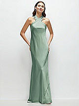 Front View Thumbnail - Seagrass Pleated Halter Bias Satin Maxi Dress with Self-Tie Bow Back