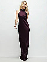 Front View Thumbnail - Deep Plum Stand Collar Bias Satin Maxi Dress with Self-Tie Bow Back