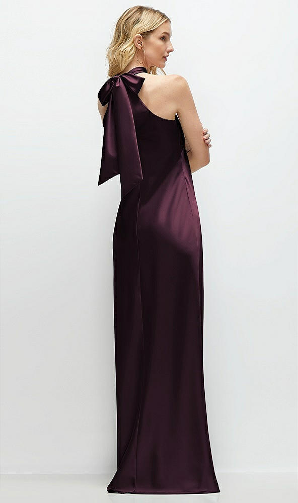 Back View - Deep Plum Stand Collar Bias Satin Maxi Dress with Self-Tie Bow Back