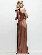 Rear View Thumbnail - Cognac Stand Collar Bias Satin Maxi Dress with Self-Tie Bow Back