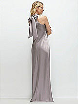 Rear View Thumbnail - Cashmere Gray Stand Collar Bias Satin Maxi Dress with Self-Tie Bow Back