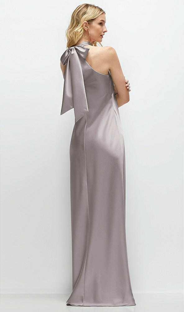 Back View - Cashmere Gray Stand Collar Bias Satin Maxi Dress with Self-Tie Bow Back
